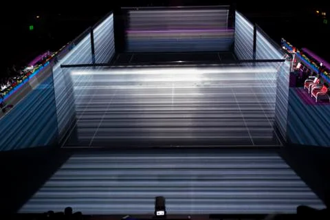 Stage Spotlight with Laser rays blurred motion. Stock Photos