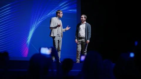 On Stage: Startup CEO and Tech Guru Present New Product. Speakers Lead Lecture Stock Footage 122813987