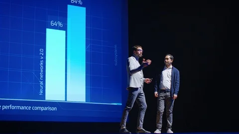 On Stage: Startup Hardware Engineer and Software Developer Present New Product. Stock Footage 122814609