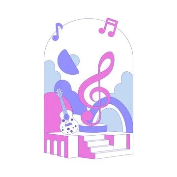 Stage Steps with Violin Clef with Notes and Guitar Vector Illustration Illustrazione stock