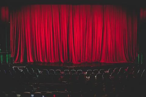 Stage with velvet red curtain in theater cinema, empty old-fashioned elegan.. Stock Photos