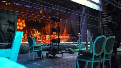 Stage workers prepare the scenery before the performance in the theater Stock Footage 196157240