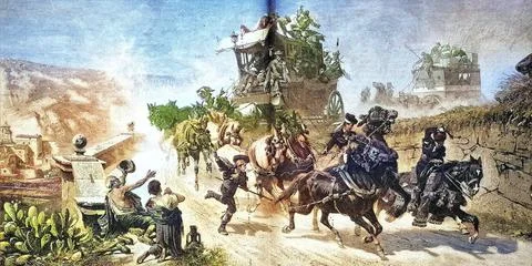 Stagecoach in Spain in full swing c 1880 Historic digital reproduction of an Stock Illustration