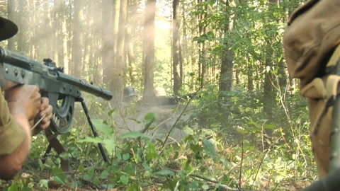 Staged Recreation - WW1 Marine "Devil Dog" Machine Gun attack, 1918 Stock Footage 173129184