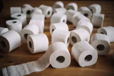 Staged stack of white tissue toilet paper rolls Stock Photos