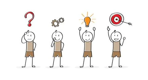 Stages of business implementation, startup, problem solving. Cartoon characte 스톡 일러스트