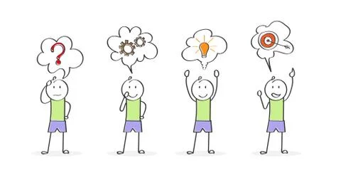 Stages of business implementation, startup, problem solving. Cartoon characte 스톡 일러스트