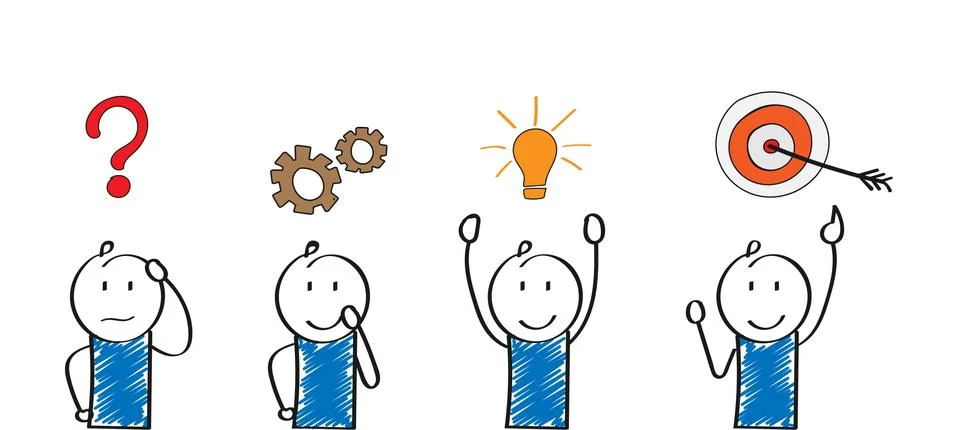 Stages of business implementation, startup, problem solving. Cartoon characte Illustrazione stock