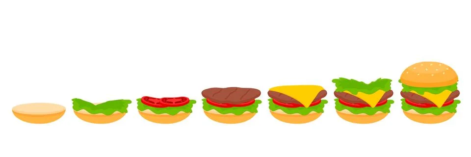 Stages of cooking burger process . Making fast food vector illustration. Stockillustratie