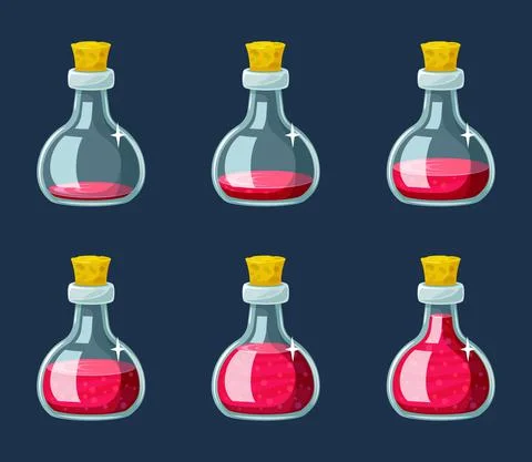 Stages filling bottle with magic elixir. Red alchemy process mystical liquid Stock Illustration