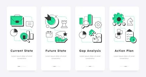 Stages of gap analysis mobile app onboarding screens Stock Illustration