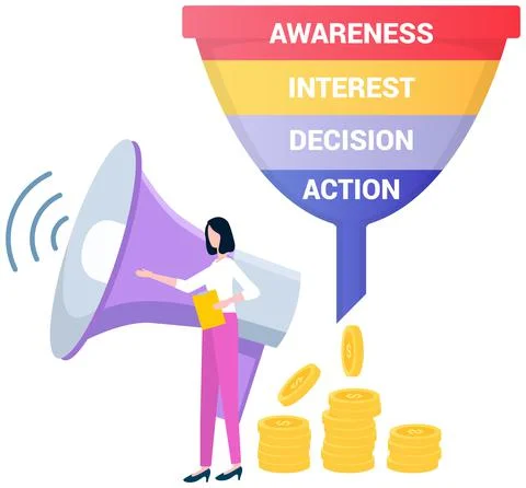 Stages of marketing process, client interest in purchases. Sales funnel with Stock Illustration