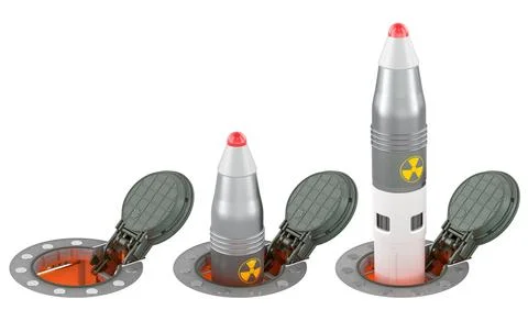 Stages of missile launch from underground silo with open hatch and rising r.. Stock Illustration