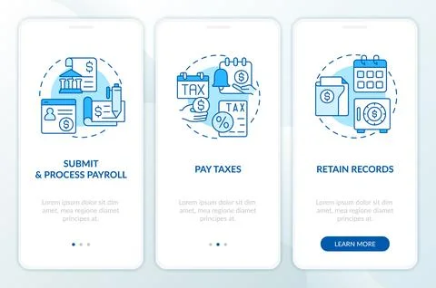 Stages of payroll processing blue onboarding mobile app screen Stock Illustration