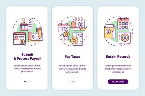 Stages of payroll processing onboarding mobile app screen Stock Illustration