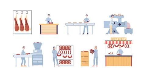 Stages processing of raw meat to ready made food a vector flat illustration Stock Illustration