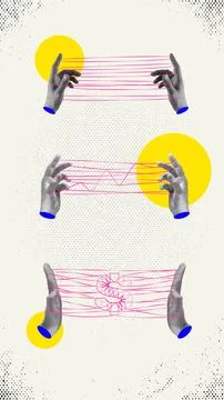 Stages of work. Human hands with strings symbolizing generation of creative Stock Photos