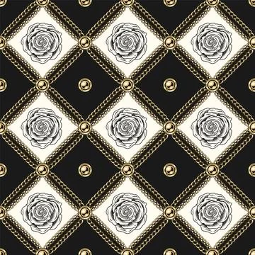 Staggered black and white pattern with roses Illustrazione stock