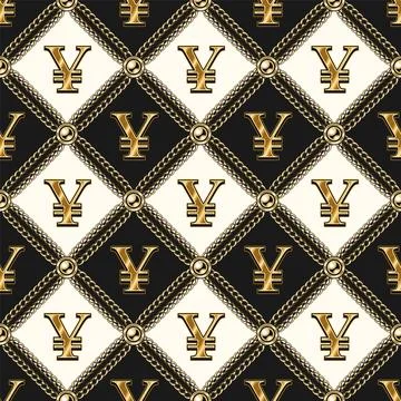 Staggered black and white pattern with shiny gold yen sign, gold chains, bead Stock Illustration