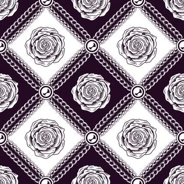 Staggered black and white pattern with roses Stock Illustration