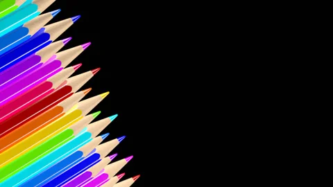Staggered looping row of colored pencils isolated on black - 3d illustration Stock Footage 140963702