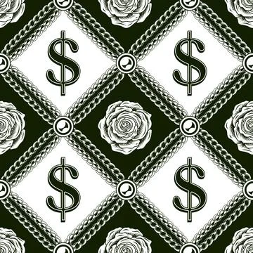 Staggered pattern with dollar sign, chains, roses Stock Illustration