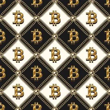 Staggered pattern with shiny gold bitcoin sign, gold chains, beads. Stock Illustration