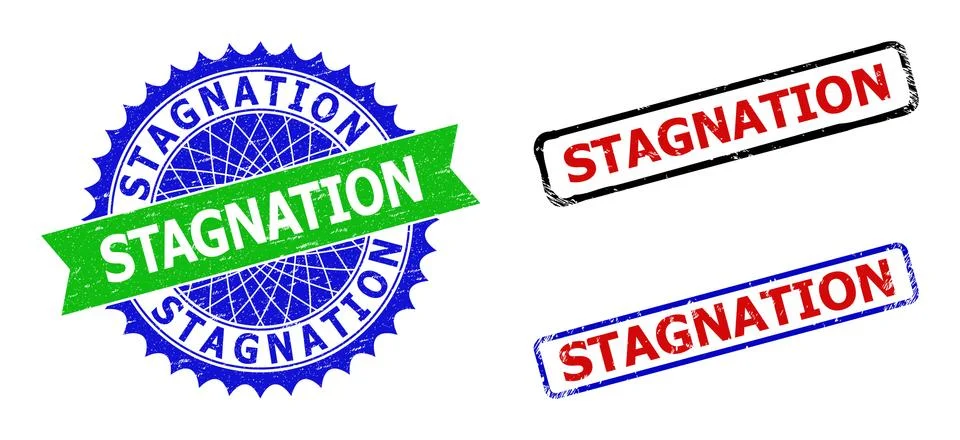 STAGNATION Rosette and Rectangle Bicolor Badges with Unclean Textures Stock Illustration