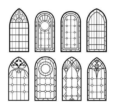 Stained glass arch window frames. Architecture interior in vintage style, gra Illustrazione stock
