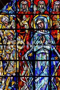 Stained glass church window with Virgin Mary,Brussels, Belgium Stock Photos