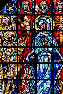 Stained glass church window with Virgin Mary,Brussels, Belgium Stock Photos