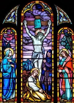 Stained glass crucifixion scene Stock Photos