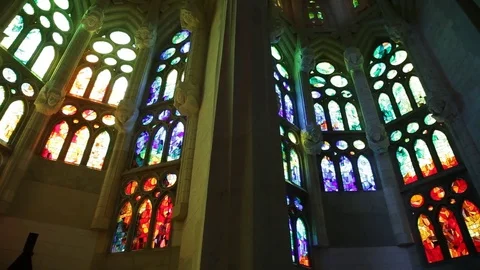 Stained glass at gothic church Stock Footage
