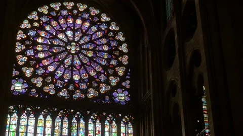 Stained Glass Inside The Notre Dame Cathedral In Paris, France Stock Footage 158678835