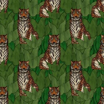 Stained glass seamless pattern with brown tigers Stockillustratie