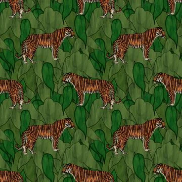 Stained glass seamless pattern with brown tigers イラスト素材