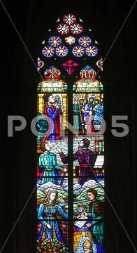 Stained glass in Votiv Kirche (The Votive Church) in Vienna Stock Photos