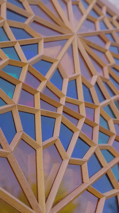 Stained glass window. Close-up of Colorful Mosaic Geometric Wooden Stained Gl Stock Footage 334740334
