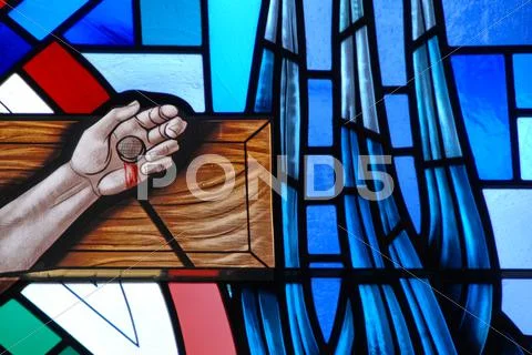 Stained glass window of the crucifixion of jesus Stock Photos