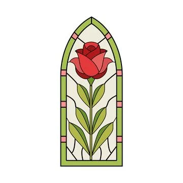 Stained glass window featuring red rose design Illustrazione stock