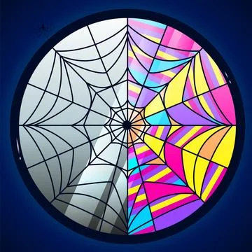 Stained glass window in the form of a web with divided halves. The concept .. 스톡 일러스트