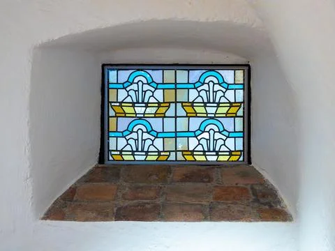 Stained Glass Window with Geometric Patterns Stock Photos