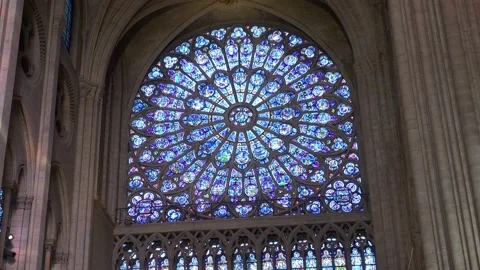 Stained Glass Window Inside The Notre Dame Cathedral In Paris, France Video stock 158680301