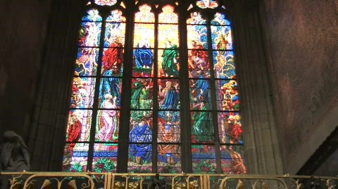 Stained glass window inside of St. Vitus Cathedral in Prague Stock Footage 530955