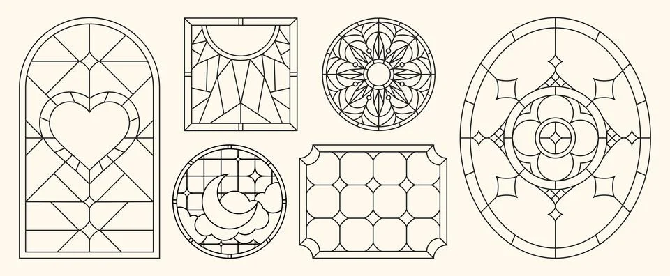 Stained glass window patterns set Stock Illustration