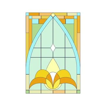 Stained glass window of rectangular shape with arch and colorful mosaic pattern Stock Illustration