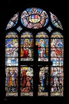 Stained glass window in Saint Eustache church in Paris Stock Photos