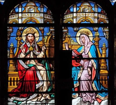 Stained glass window in Saint Eustache church in Paris 스톡 사진