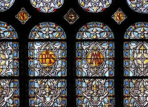 Stained glass window in Saint Eustache church in Paris Stock Photos