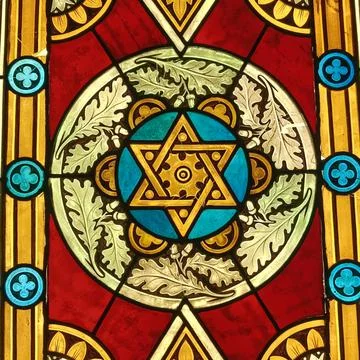 Stained glass window with Star of David and ornamental floral patterns, sym.. Stock Illustration